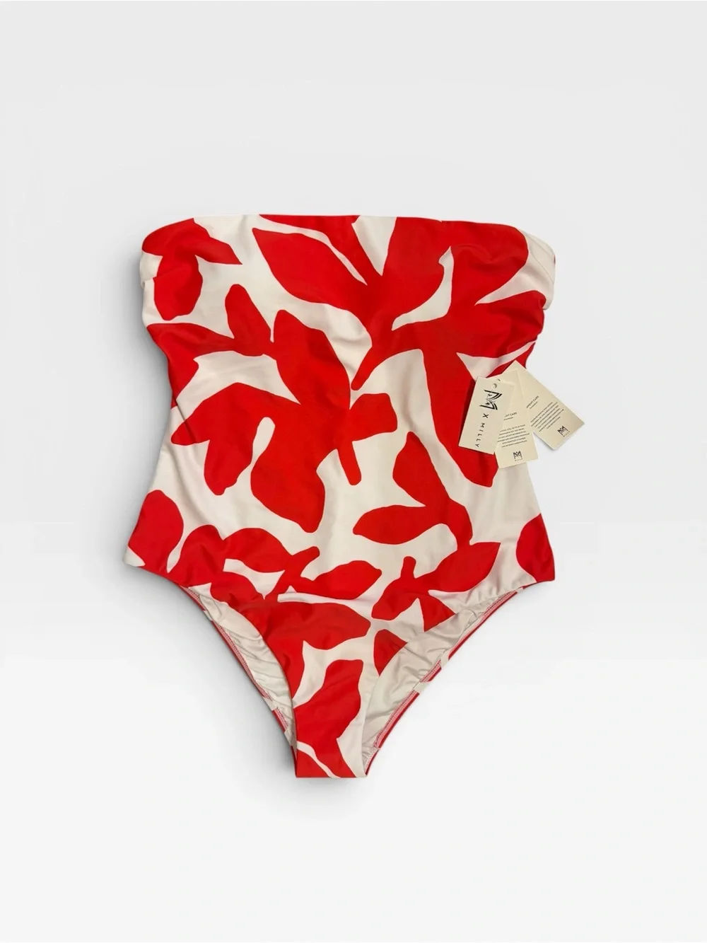 Milly Beach Diva Grand Foliage Strapless Swimsuit Womens M Red White One Piece